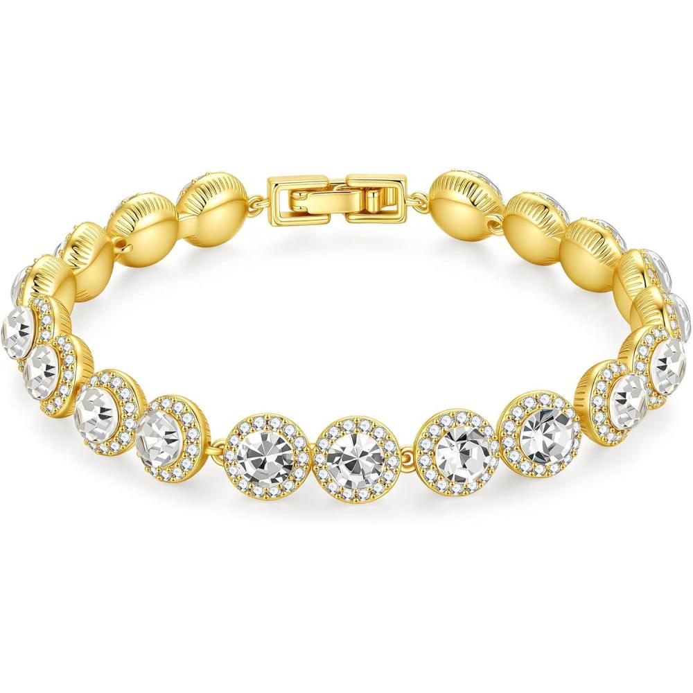 imageM MOOHAM Adjustable Tennis Bracelet for Women Silver14K Gold Plated Cubic Zirconia Tennis Bracelet Classic Round Cubic Zirconia Angelic Bracelets Jewelry Gifts for Women14k gold plated