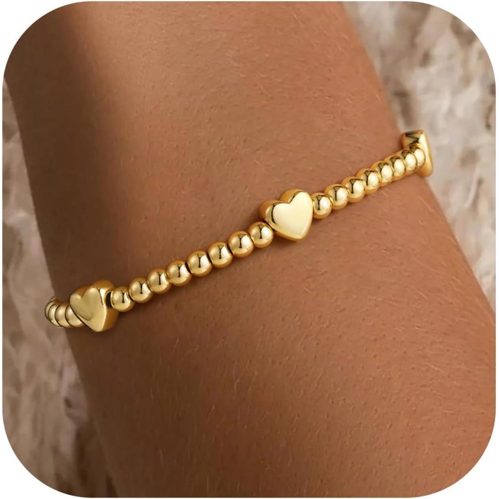 imageM MOOHAM Gold Beaded Bracelets for Women 14K GoldPlated Dainty Cross Puffy Heart Round Cubic Zirconia Stretch Bead Ball Bracelet for Women Trendy Womens Jewelry GiftsHeart