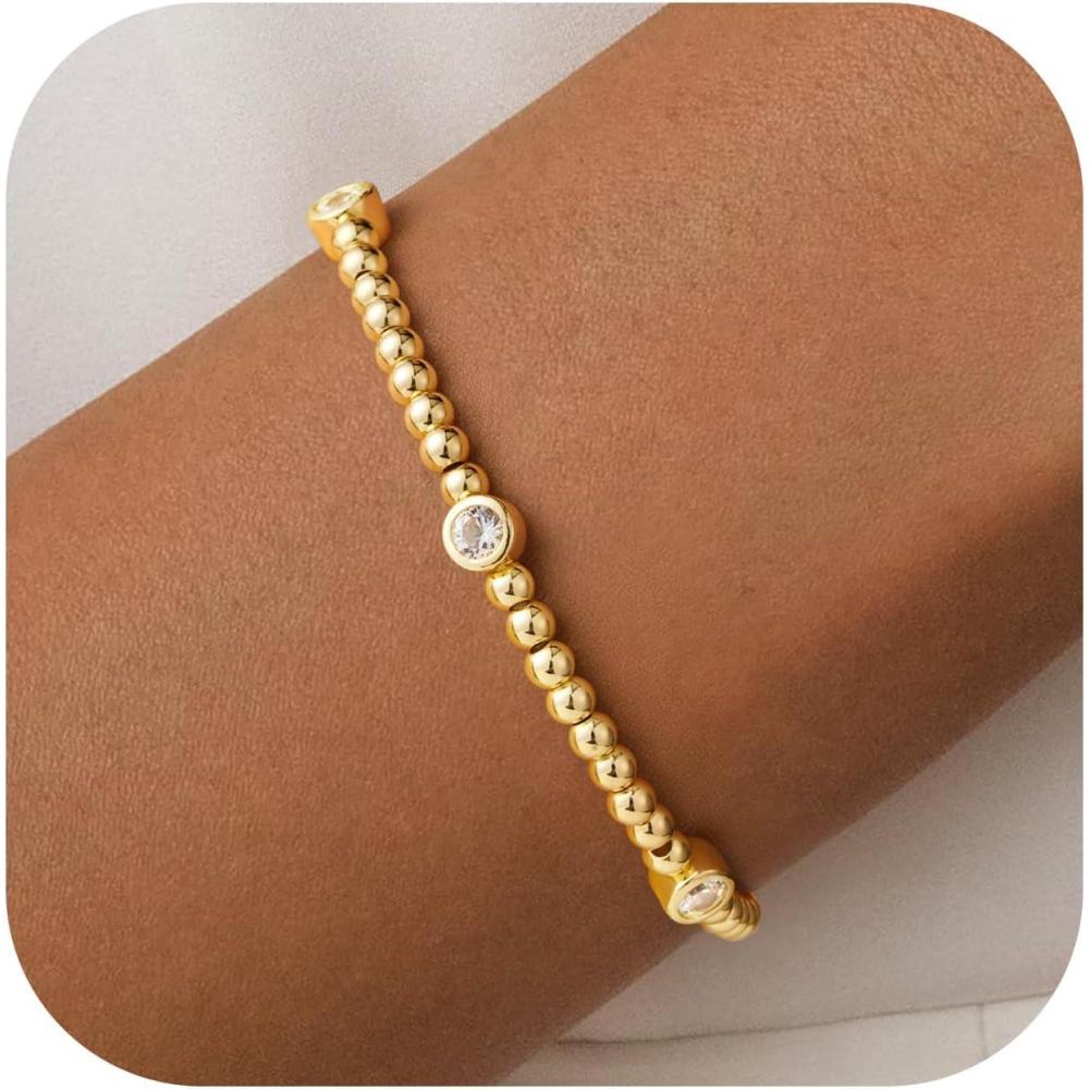 imageM MOOHAM Gold Beaded Bracelets for Women 14K GoldPlated Dainty Cross Puffy Heart Round Cubic Zirconia Stretch Bead Ball Bracelet for Women Trendy Womens Jewelry GiftsRound CZ