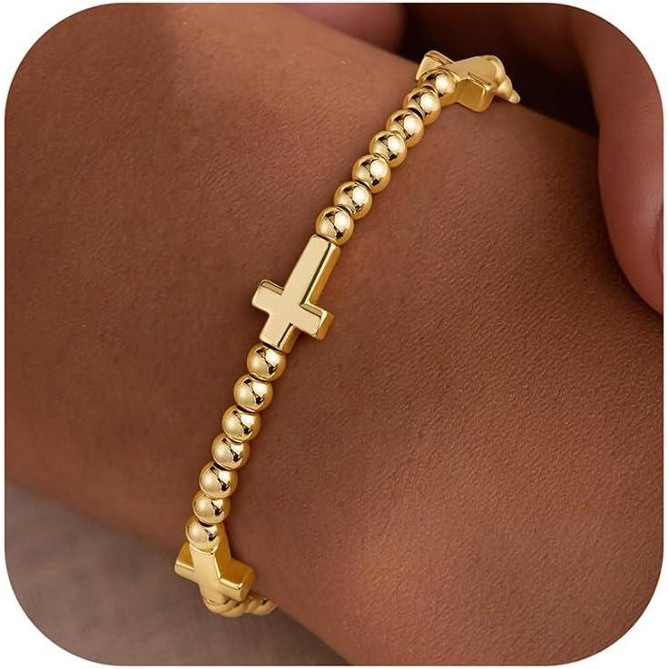 imageM MOOHAM Gold Beaded Bracelets for Women 14K GoldPlated Dainty Cross Puffy Heart Round Cubic Zirconia Stretch Bead Ball Bracelet for Women Trendy Womens Jewelry GiftsCross