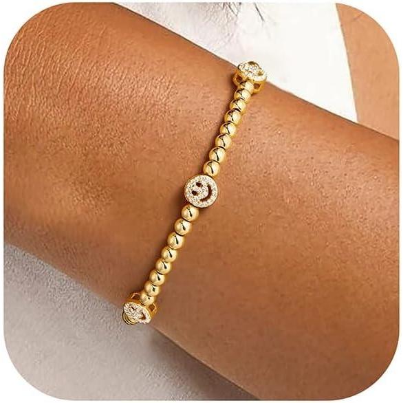 imageM MOOHAM Gold Beaded Bracelets for Women 14K GoldPlated Dainty Cross Puffy Heart Round Cubic Zirconia Stretch Bead Ball Bracelet for Women Trendy Womens Jewelry GiftsSmile CZ