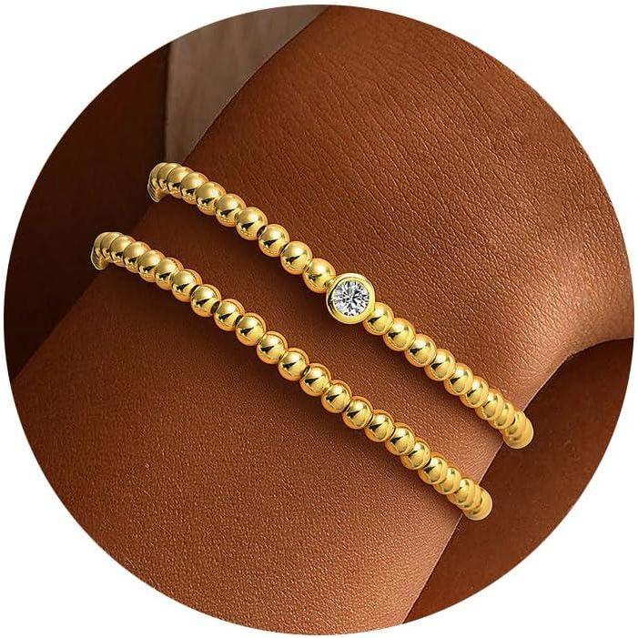 imageM MOOHAM Gold Beaded Bracelets for Women Girls Non Tarnish Dainty 14K Gold Plated Cross Heart CZ Bead Ball Stretch Bracelets Stackable Bracelet Set Stack for Women Teen Girl Trendy Jewelry Gifts2pcs beaded bracelets with single cz