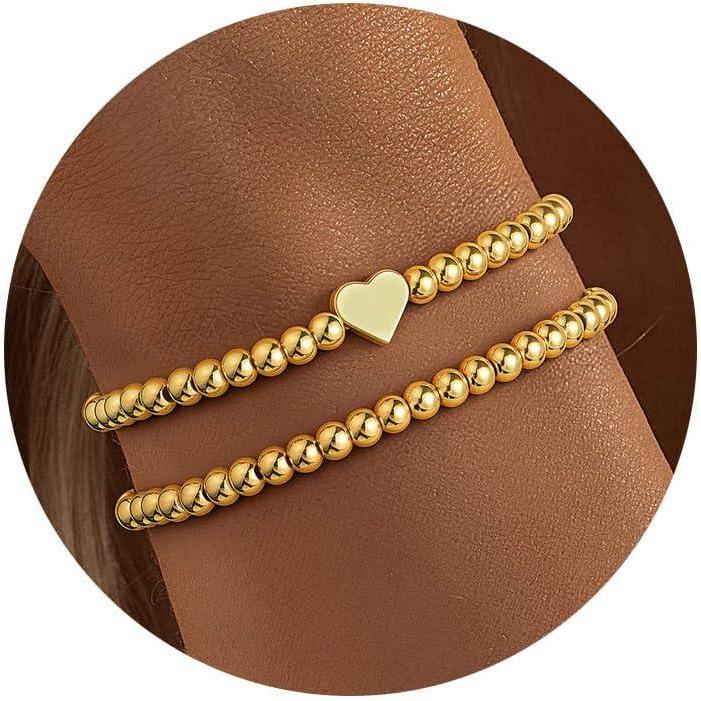 imageM MOOHAM Gold Beaded Bracelets for Women Girls Non Tarnish Dainty 14K Gold Plated Cross Heart CZ Bead Ball Stretch Bracelets Stackable Bracelet Set Stack for Women Teen Girl Trendy Jewelry Gifts2pcs beaded bracelets with heart