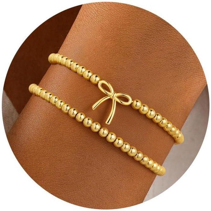imageM MOOHAM Gold Beaded Bracelets for Women Girls Non Tarnish Dainty 14K Gold Plated Cross Heart CZ Bead Ball Stretch Bracelets Stackable Bracelet Set Stack for Women Teen Girl Trendy Jewelry Gifts2pcs beaded bracelets with bow