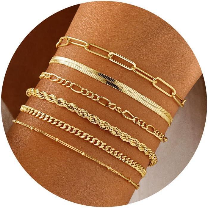 imageM MOOHAM Gold Bracelets Stack for Women Non Tarnish Dainty 14K Gold Plated Stackable Bracelets Simple Herringbone Paperclip Rope Cuban Chain Bracelet Set for Women Trendy Waterproof Jewelry Gift6pcs bracelets set02