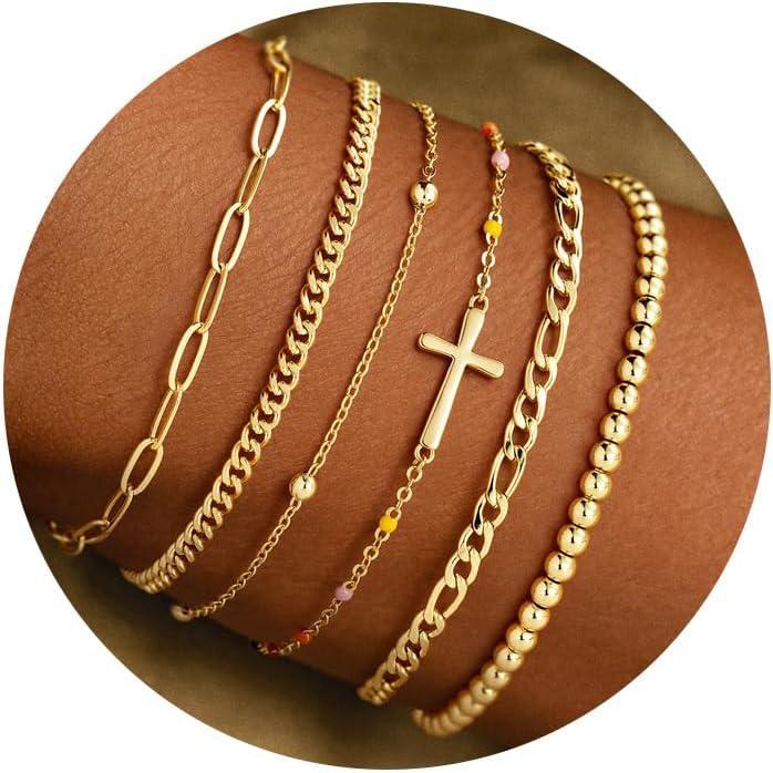 imageM MOOHAM Gold Bracelets Stack for Women Non Tarnish Dainty 14K Gold Plated Stackable Bracelets Simple Herringbone Paperclip Rope Cuban Chain Bracelet Set for Women Trendy Waterproof Jewelry Gift6pcs bracelets set06