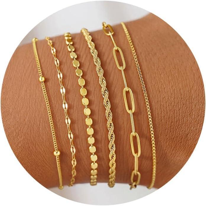 imageM MOOHAM Gold Bracelets Stack for Women Non Tarnish Dainty 14K Gold Plated Stackable Bracelets Simple Herringbone Paperclip Rope Cuban Chain Bracelet Set for Women Trendy Waterproof Jewelry Gift6pcs bracelets set01
