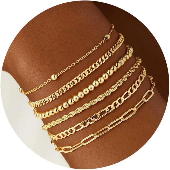 imageM MOOHAM Gold Bracelets Stack for Women Non Tarnish Dainty 14K Gold Plated Stackable Bracelets Simple Herringbone Paperclip Rope Cuban Chain Bracelet Set for Women Trendy Waterproof Jewelry Gift6pcs bracelets set04