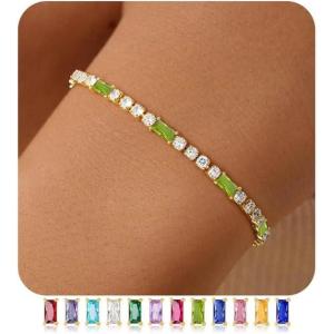 M MOOHAM Adjustable Birthstone Tennis Bracelets for Women, Dainty 14K-Gold-Plated Bracelets for Womens Birthstone Tennis Bracelet for Women Non Tarnish CZ Bracelet Jewelry Birthday Gifts for Womens(08.August(Peridot))
