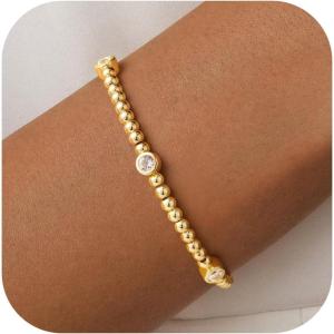 M MOOHAM Gold Beaded Bracelets for Women, 14K Gold-Plated Dainty Cross Puffy Heart Round Cubic Zirconia Stretch Bead Ball Bracelet for Women Trendy Women’s Jewelry Gifts(Round CZ)