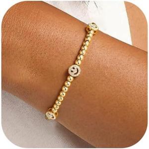 M MOOHAM Gold Beaded Bracelets for Women, 14K Gold-Plated Dainty Cross Puffy Heart Round Cubic Zirconia Stretch Bead Ball Bracelet for Women Trendy Women’s Jewelry Gifts(Smile CZ)