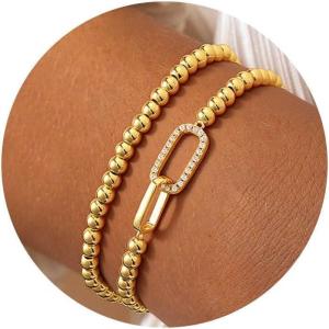 M MOOHAM Gold Beaded Bracelets for Women Girls Non Tarnish – Dainty 14K Gold Plated Cross Heart CZ Bead Ball Stretch Bracelets Stackable Bracelet Set Stack for Women Teen Girl Trendy Jewelry Gifts(2pcs beaded bracelets with cz)