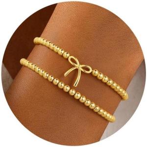 M MOOHAM Gold Beaded Bracelets for Women Girls Non Tarnish – Dainty 14K Gold Plated Cross Heart CZ Bead Ball Stretch Bracelets Stackable Bracelet Set Stack for Women Teen Girl Trendy Jewelry Gifts(2pcs beaded bracelets with bow)