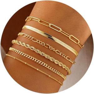 M MOOHAM Gold Bracelets Stack for Women Non Tarnish – Dainty 14K Gold Plated Stackable Bracelets Simple Herringbone Paperclip Rope Cuban Chain Bracelet Set for Women Trendy Waterproof Jewelry Gift(6pcs bracelets set-02)