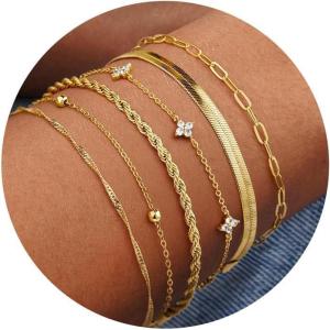 M MOOHAM Gold Bracelets Stack for Women Non Tarnish – Dainty 14K Gold Plated Stackable Bracelets Simple Herringbone Paperclip Rope Cuban Chain Bracelet Set for Women Trendy Waterproof Jewelry Gift(6pcs bracelets set-05)