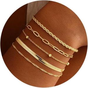 M MOOHAM Gold Bracelets Stack for Women Non Tarnish – Dainty 14K Gold Plated Stackable Bracelets Simple Herringbone Paperclip Rope Cuban Chain Bracelet Set for Women Trendy Waterproof Jewelry Gift(5pcs bracelets set-01)
