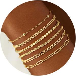 M MOOHAM Gold Bracelets Stack for Women Non Tarnish – Dainty 14K Gold Plated Stackable Bracelets Simple Herringbone Paperclip Rope Cuban Chain Bracelet Set for Women Trendy Waterproof Jewelry Gift(6pcs bracelets set-04)