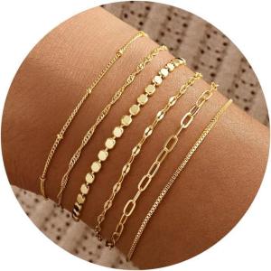 M MOOHAM Gold Bracelets Stack for Women Non Tarnish – Dainty 14K Gold Plated Stackable Bracelets Simple Herringbone Paperclip Rope Cuban Chain Bracelet Set for Women Trendy Waterproof Jewelry Gift(6pcs bracelets set-03)