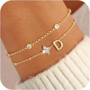 M MOOHAM Valentines Gifts for Women Teen Girls – 14K Gold Plated Initial Letter A-Z Bracelets for Women Trendy, Layered Link Charm Bracelet Anniversary Birthday Personalized Jewelry Gift(D)