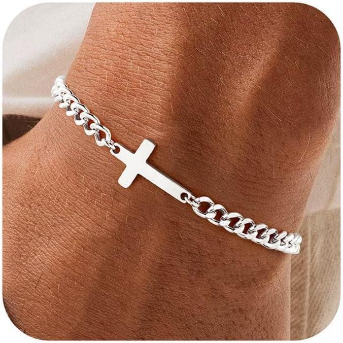 imageM MOOHAM 14KGoldPlatedSilver Cross Bracelet for Men Sturdy Stainless Steel Cross Chain Bracelet Figaro Cuban Link Box Chain Bracelets Religious Faith Jewelry Christian Gifts for MenSilver Plated Cuban Chain Cross