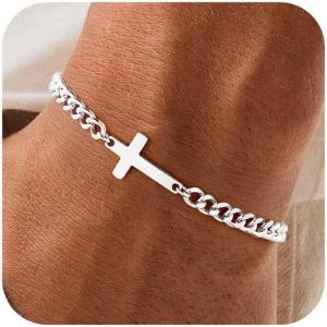 M MOOHAM 14K-Gold-Plated/Silver Cross Bracelet for Men, Sturdy Stainless Steel Cross Chain Bracelet Figaro Cuban Link Box Chain Bracelets Religious Faith Jewelry Christian Gifts for Men(Silver Plated Cuban Chain & Cross)