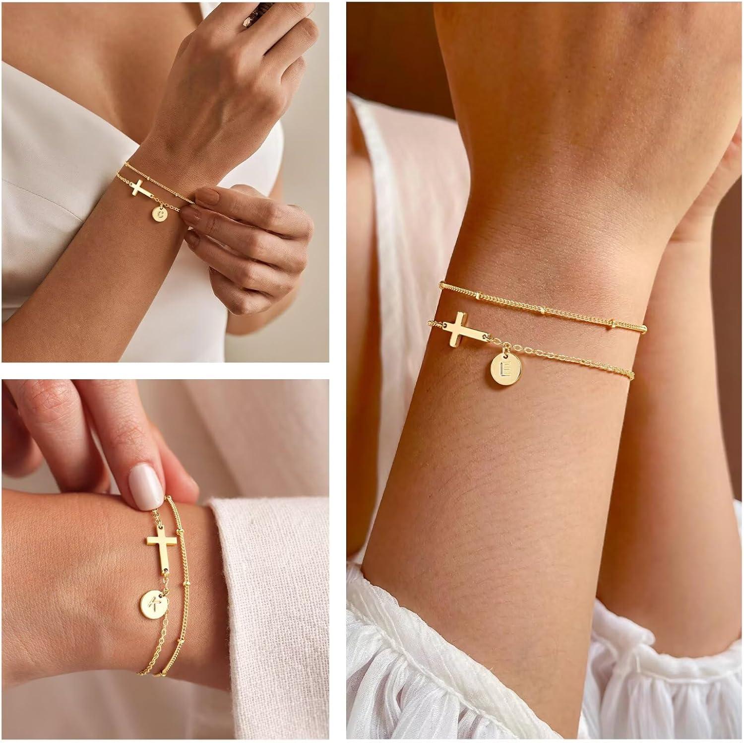 imageM MOOHAM Easter Basket Stuffers Easter Gifts for Kids Women Layered Initial Cross Bracelets for Women Teen Girls 14KGoldPlated Dainty Disc Letter AZ Cross Bracelet Baptism Christian GiftsT
