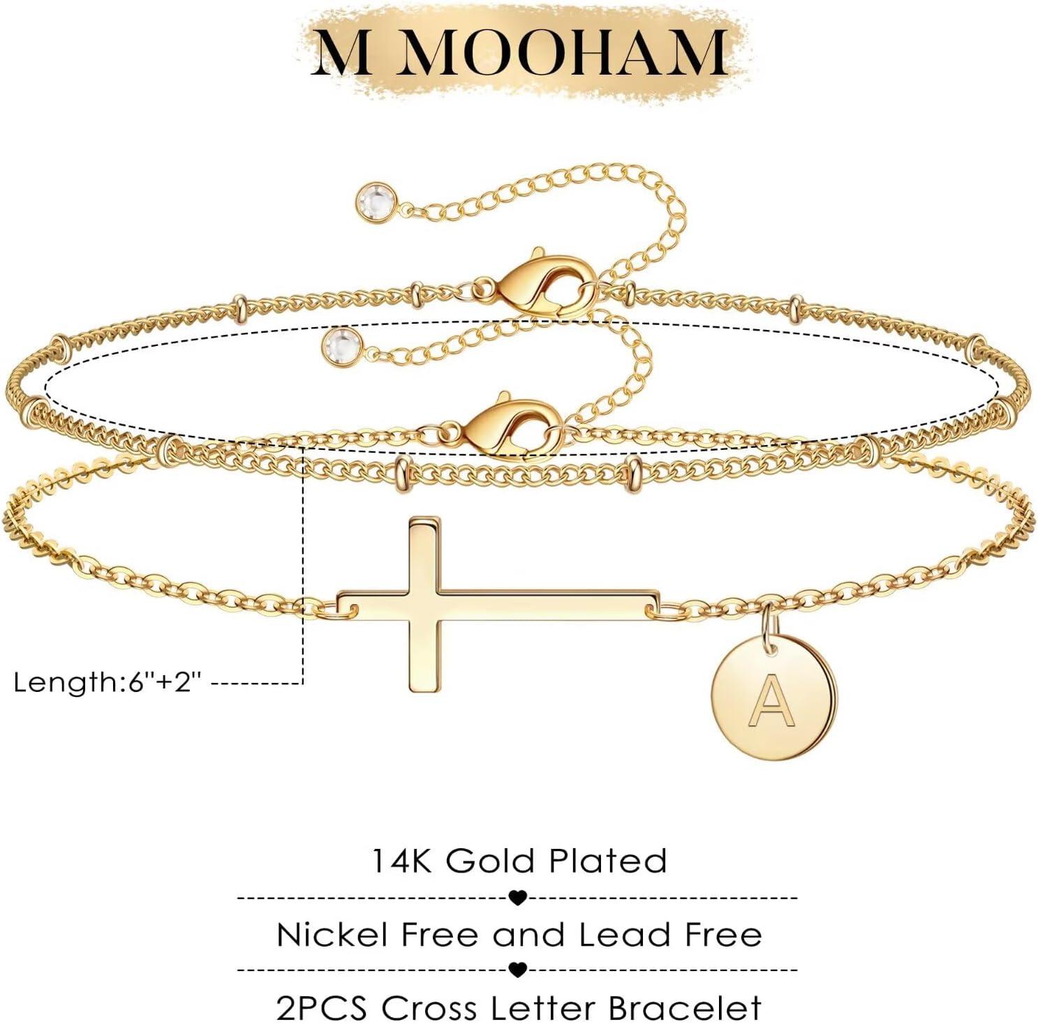 imageM MOOHAM Easter Basket Stuffers Easter Gifts for Kids Women Layered Initial Cross Bracelets for Women Teen Girls 14KGoldPlated Dainty Disc Letter AZ Cross Bracelet Baptism Christian GiftsM