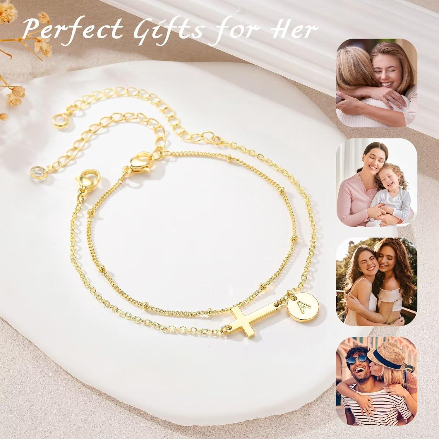 imageM MOOHAM Easter Basket Stuffers Easter Gifts for Kids Women Layered Initial Cross Bracelets for Women Teen Girls 14KGoldPlated Dainty Disc Letter AZ Cross Bracelet Baptism Christian GiftsA