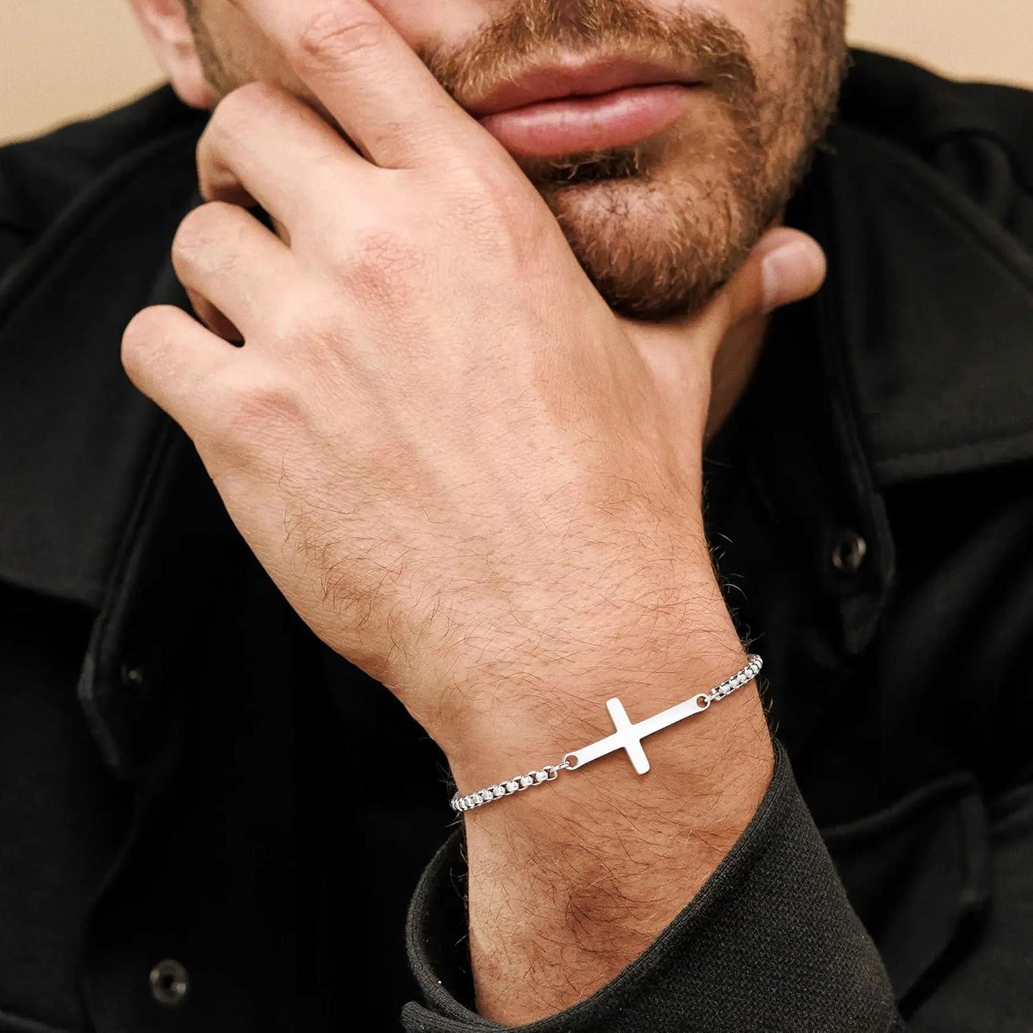 imageM MOOHAM Easter Gifts for Men Easter Basket Stuffers Silver14KGoldPlated Cross Bracelet for Men Sturdy Stainless Steel Cross Chain Bracelet Cuban Link Chain Bracelets Religious Christian GiftsSilver Plated Box Chain Cross
