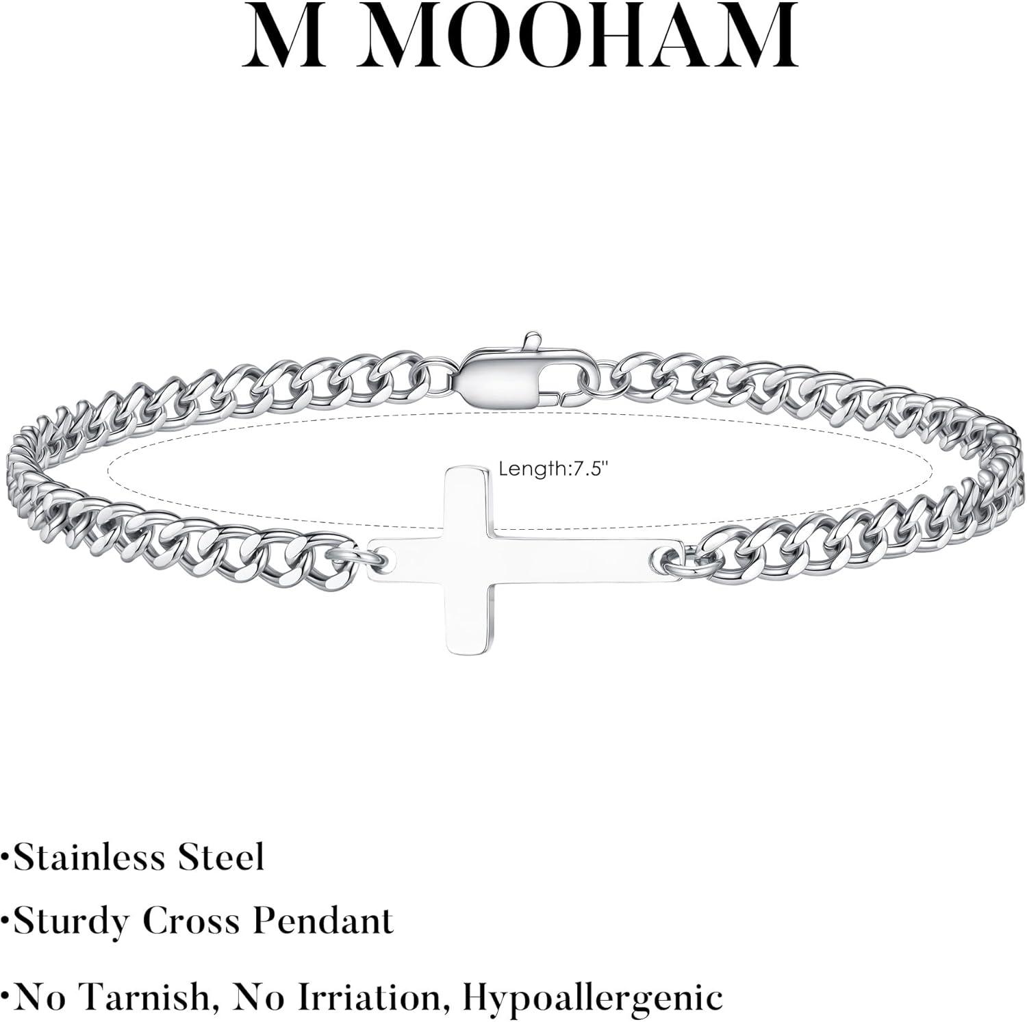 imageM MOOHAM Easter Gifts for Men Easter Basket Stuffers Silver14KGoldPlated Cross Bracelet for Men Sturdy Stainless Steel Cross Chain Bracelet Cuban Link Chain Bracelets Religious Christian GiftsSilver Plated Cuban Chain Cross