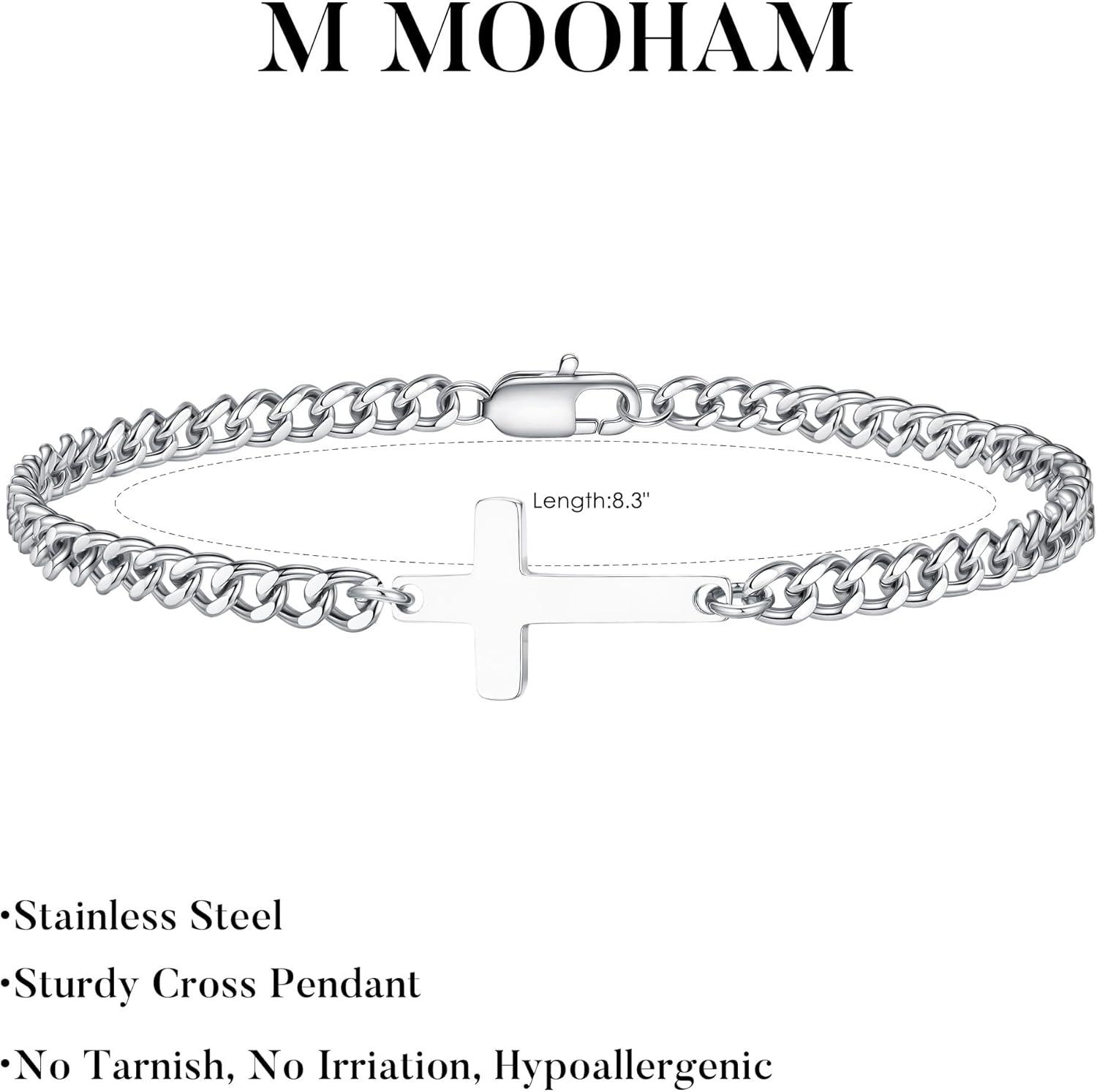 imageM MOOHAM Easter Gifts for Men Easter Basket Stuffers Silver14KGoldPlated Cross Bracelet for Men Sturdy Stainless Steel Cross Chain Bracelet Cuban Link Chain Bracelets Religious Christian GiftsSilver Plated Cuban Chain Cross