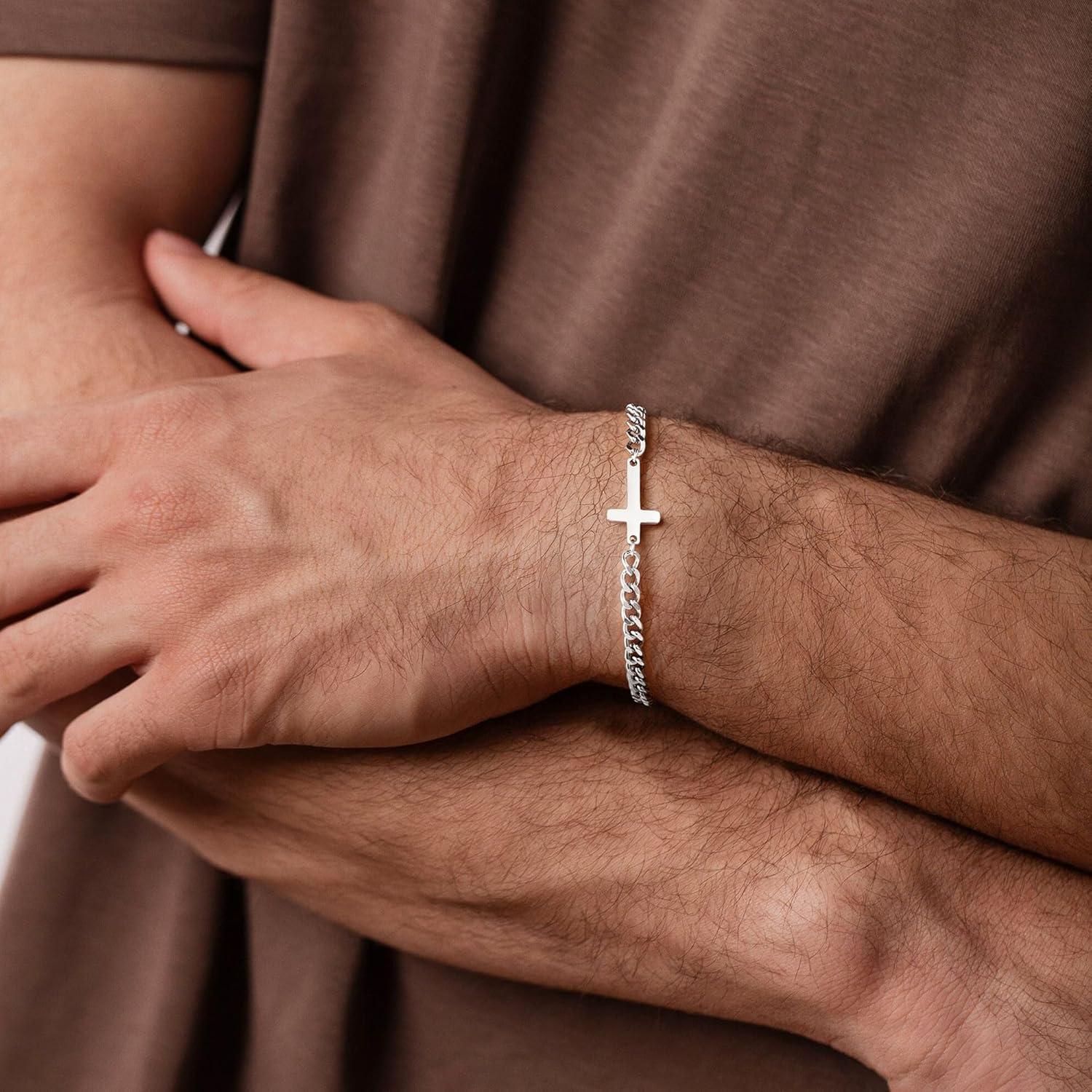 imageM MOOHAM Easter Gifts for Men Easter Basket Stuffers Silver14KGoldPlated Cross Bracelet for Men Sturdy Stainless Steel Cross Chain Bracelet Cuban Link Chain Bracelets Religious Christian GiftsSilver Plated Cuban Chain Cross