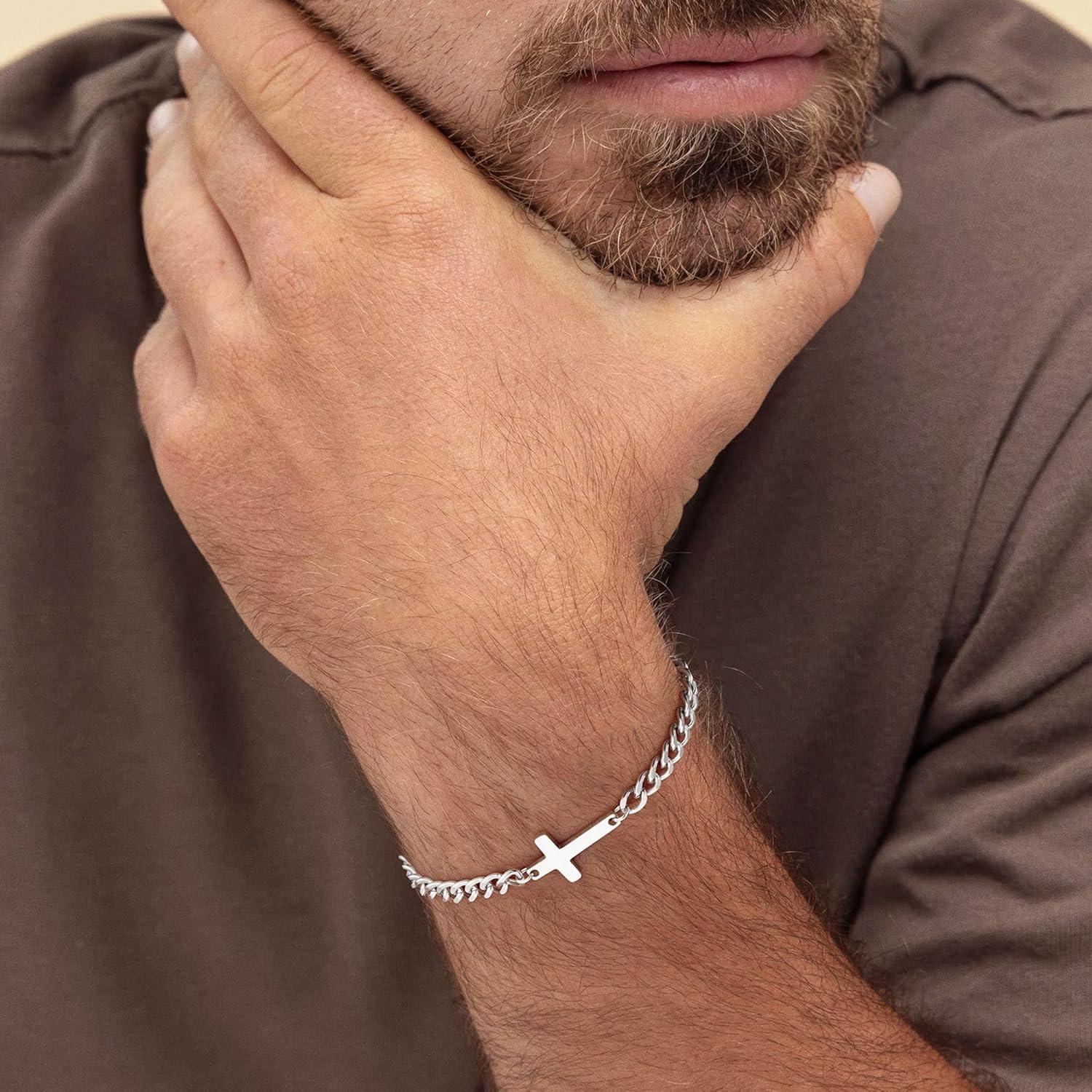 imageM MOOHAM Easter Gifts for Men Easter Basket Stuffers Silver14KGoldPlated Cross Bracelet for Men Sturdy Stainless Steel Cross Chain Bracelet Cuban Link Chain Bracelets Religious Christian GiftsSilver Plated Cuban Chain Cross