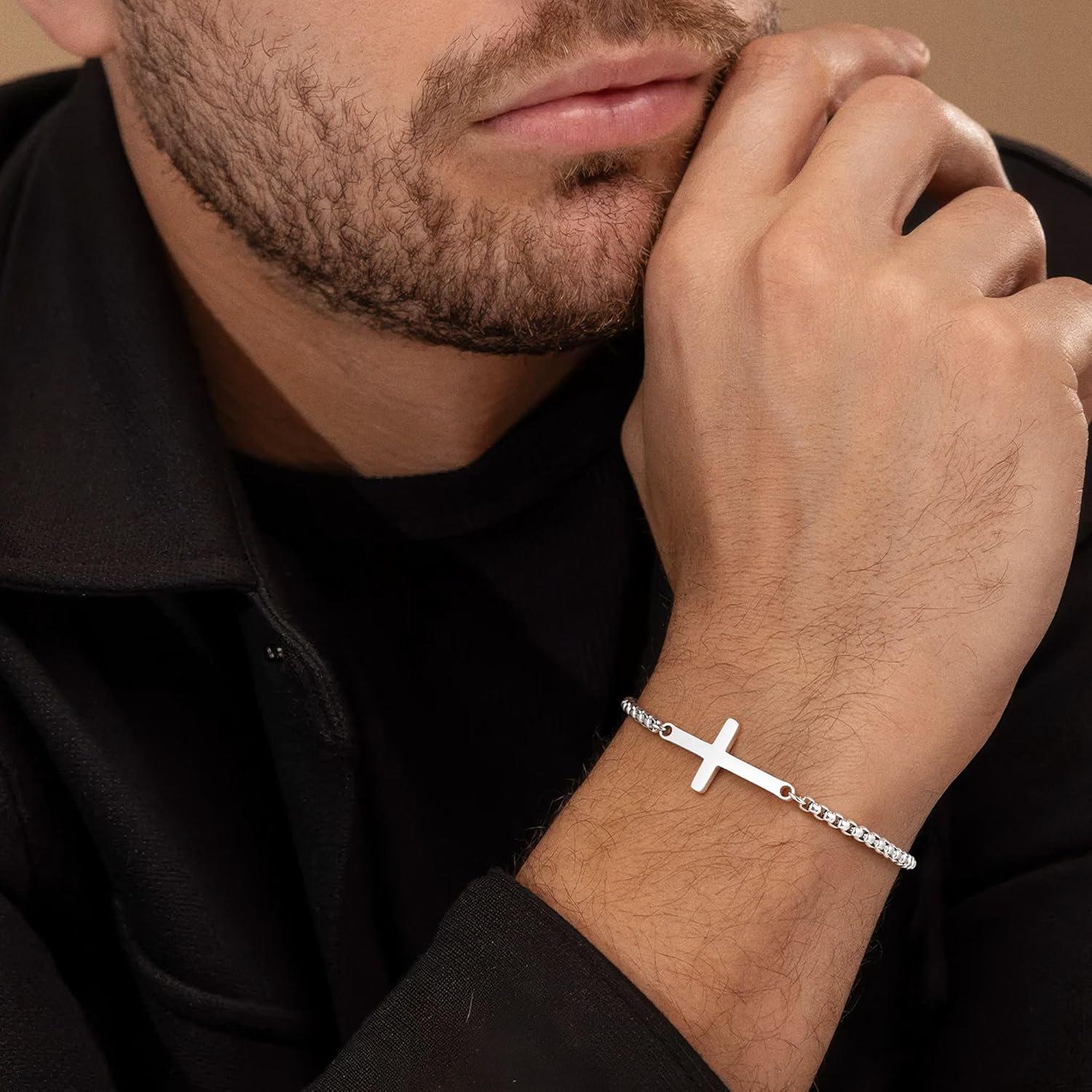 imageM MOOHAM Easter Gifts for Men Easter Basket Stuffers Silver14KGoldPlated Cross Bracelet for Men Sturdy Stainless Steel Cross Chain Bracelet Cuban Link Chain Bracelets Religious Christian GiftsSilver Plated Box Chain Cross