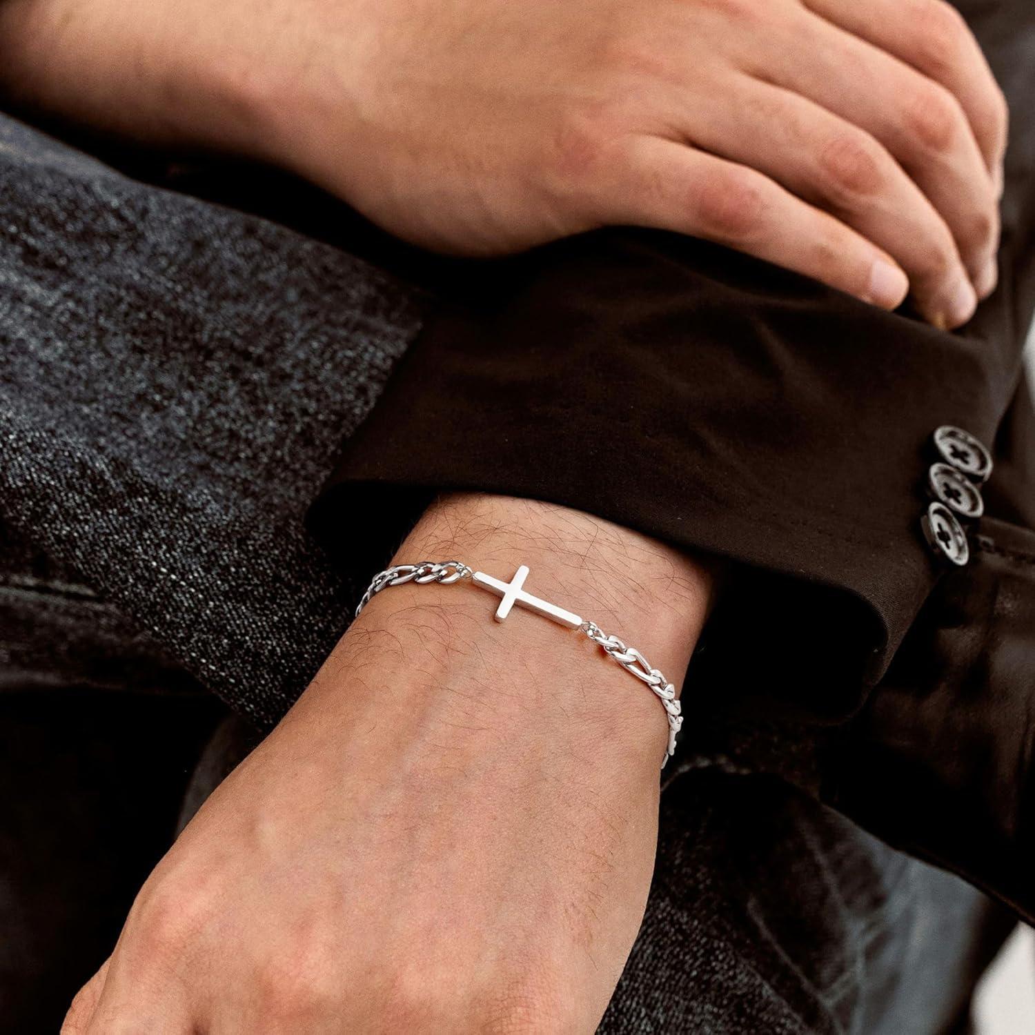 imageM MOOHAM Easter Gifts for Men Easter Basket Stuffers Silver14KGoldPlated Cross Bracelet for Men Sturdy Stainless Steel Cross Chain Bracelet Cuban Link Chain Bracelets Religious Christian GiftsSilver Plated Figaro Chain Cross