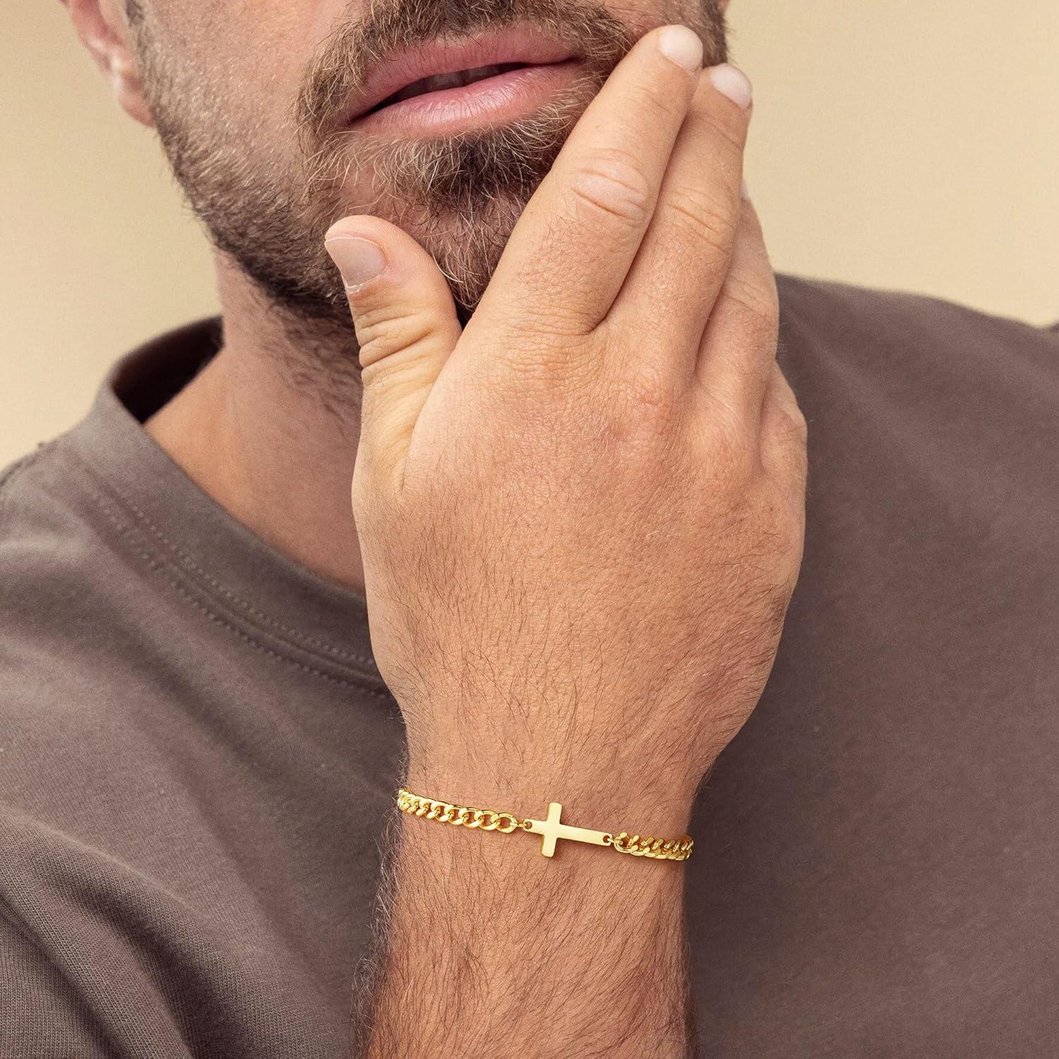 imageM MOOHAM Easter Gifts for Men Easter Basket Stuffers Silver14KGoldPlated Cross Bracelet for Men Sturdy Stainless Steel Cross Chain Bracelet Cuban Link Chain Bracelets Religious Christian Gifts14K Gold Plated Cuban Chain Cross