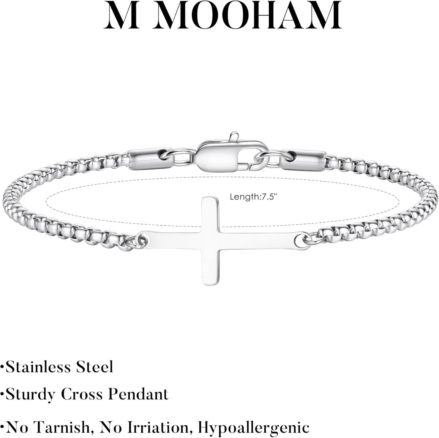 imageM MOOHAM Easter Gifts for Men Easter Basket Stuffers Silver14KGoldPlated Cross Bracelet for Men Sturdy Stainless Steel Cross Chain Bracelet Cuban Link Chain Bracelets Religious Christian GiftsSilver Plated Box Chain Cross