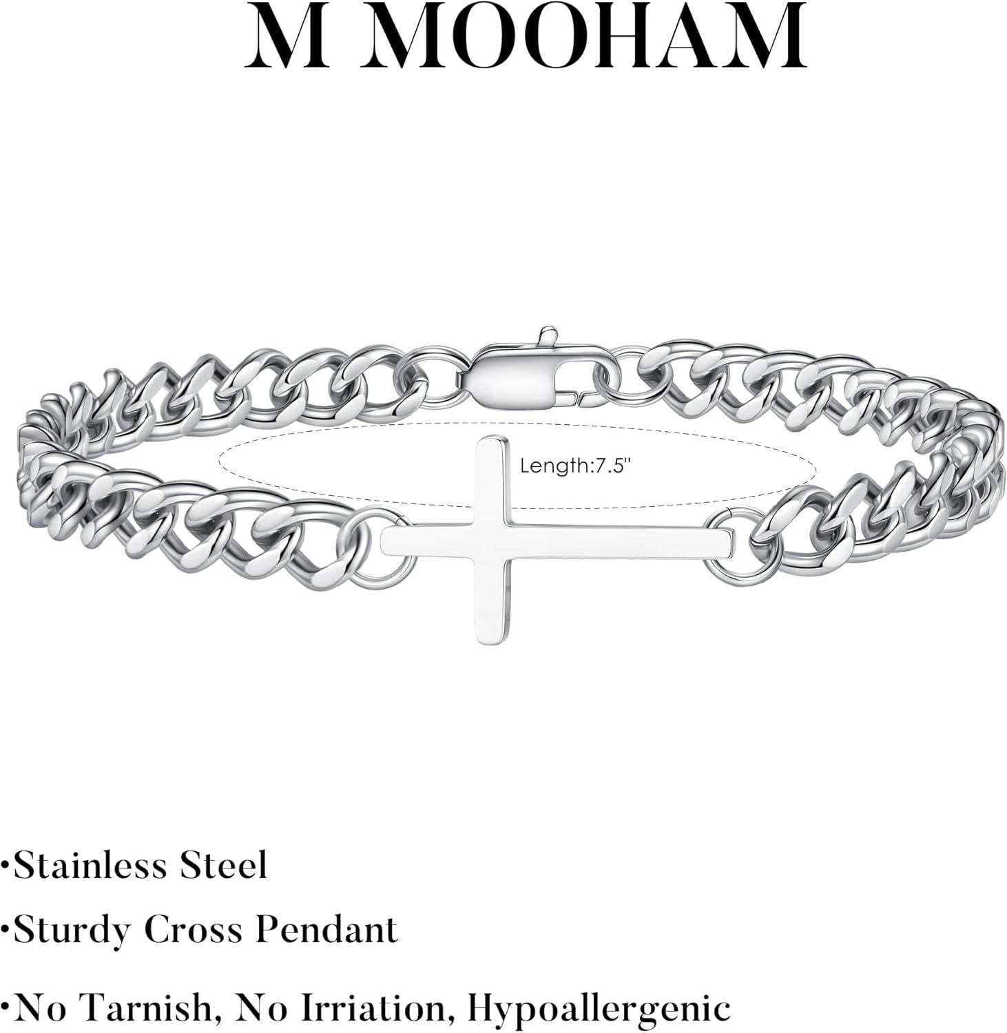 imageM MOOHAM Easter Gifts for Men Easter Basket Stuffers Silver14KGoldPlated Cross Bracelet for Men Sturdy Stainless Steel Cross Chain Bracelet Cuban Link Chain Bracelets Religious Christian GiftsSilver Plated Cuban Link Chain Cross
