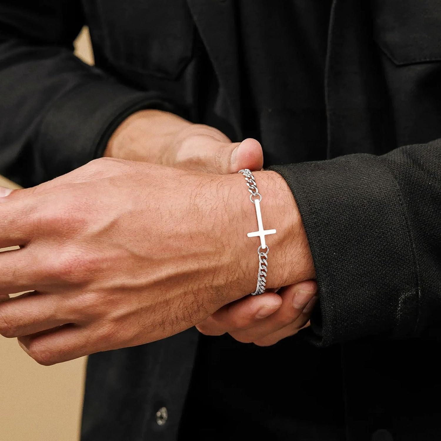 imageM MOOHAM Easter Gifts for Men Easter Basket Stuffers Silver14KGoldPlated Cross Bracelet for Men Sturdy Stainless Steel Cross Chain Bracelet Cuban Link Chain Bracelets Religious Christian GiftsSilver Plated Cuban Link Chain Cross