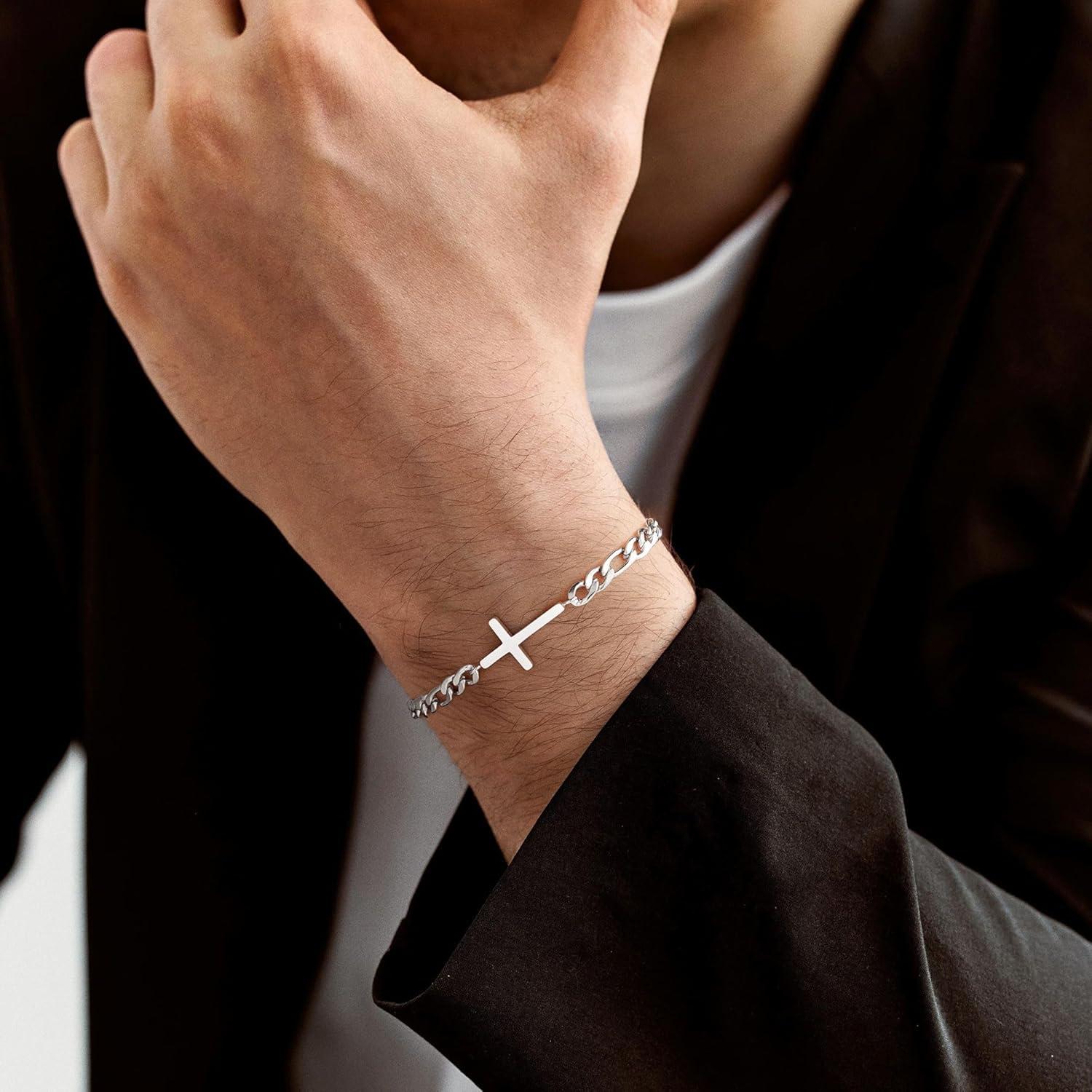 imageM MOOHAM Easter Gifts for Men Easter Basket Stuffers Silver14KGoldPlated Cross Bracelet for Men Sturdy Stainless Steel Cross Chain Bracelet Cuban Link Chain Bracelets Religious Christian GiftsSilver Plated Figaro Chain Cross