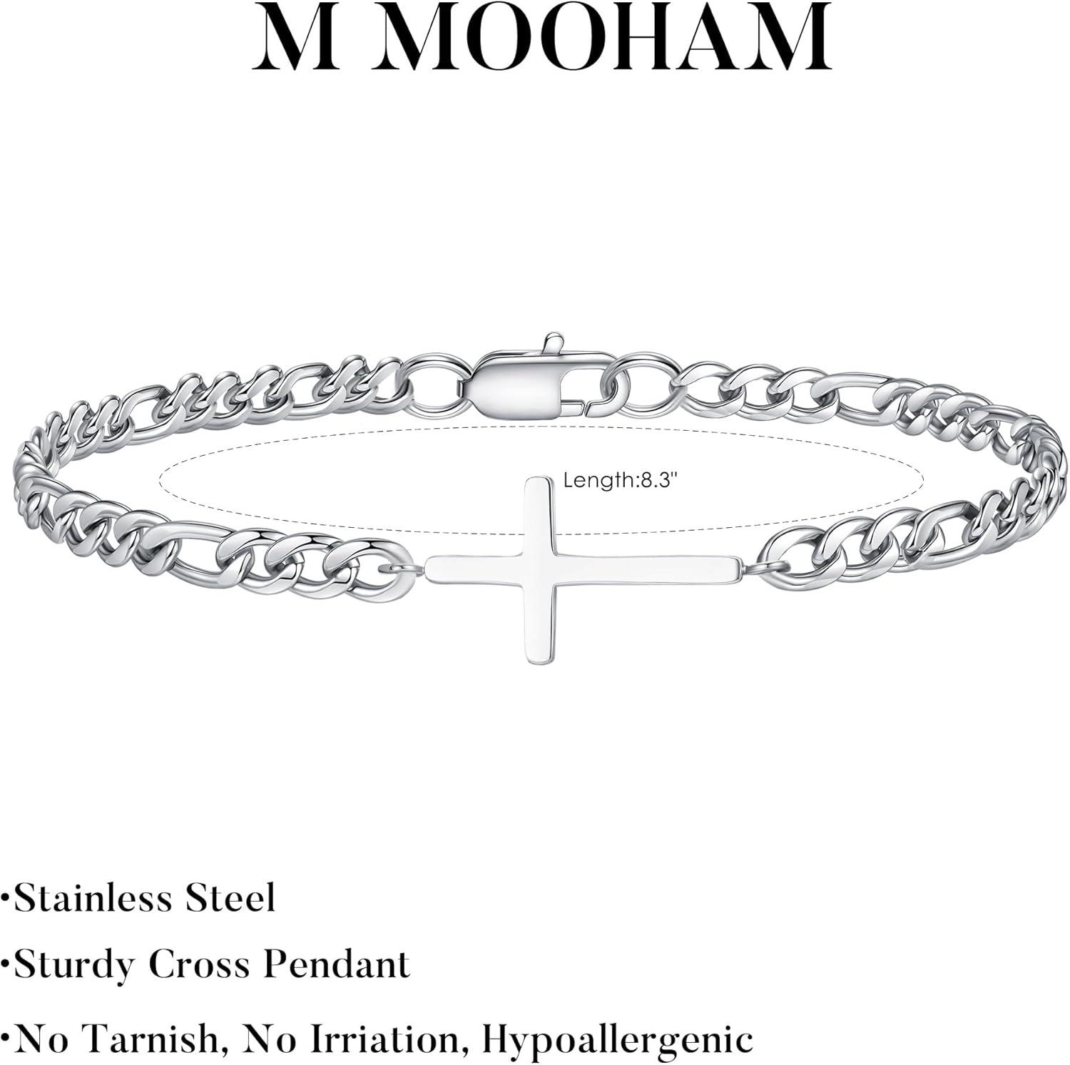 imageM MOOHAM Easter Gifts for Men Easter Basket Stuffers Silver14KGoldPlated Cross Bracelet for Men Sturdy Stainless Steel Cross Chain Bracelet Cuban Link Chain Bracelets Religious Christian GiftsSilver Plated Figaro Chain Cross