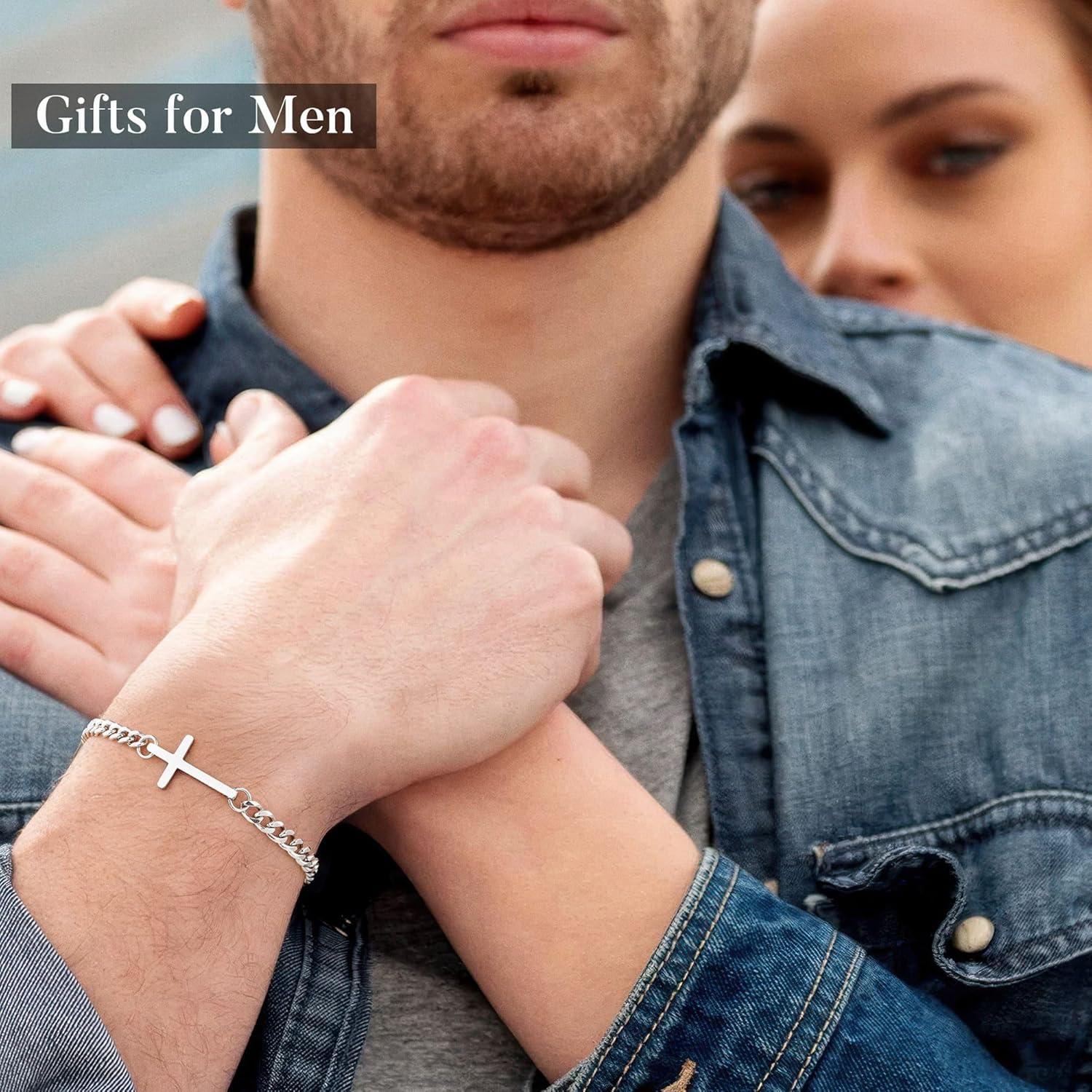 imageM MOOHAM Easter Gifts for Men Easter Basket Stuffers Silver14KGoldPlated Cross Bracelet for Men Sturdy Stainless Steel Cross Chain Bracelet Cuban Link Chain Bracelets Religious Christian GiftsSilver Plated Figaro Chain Cross