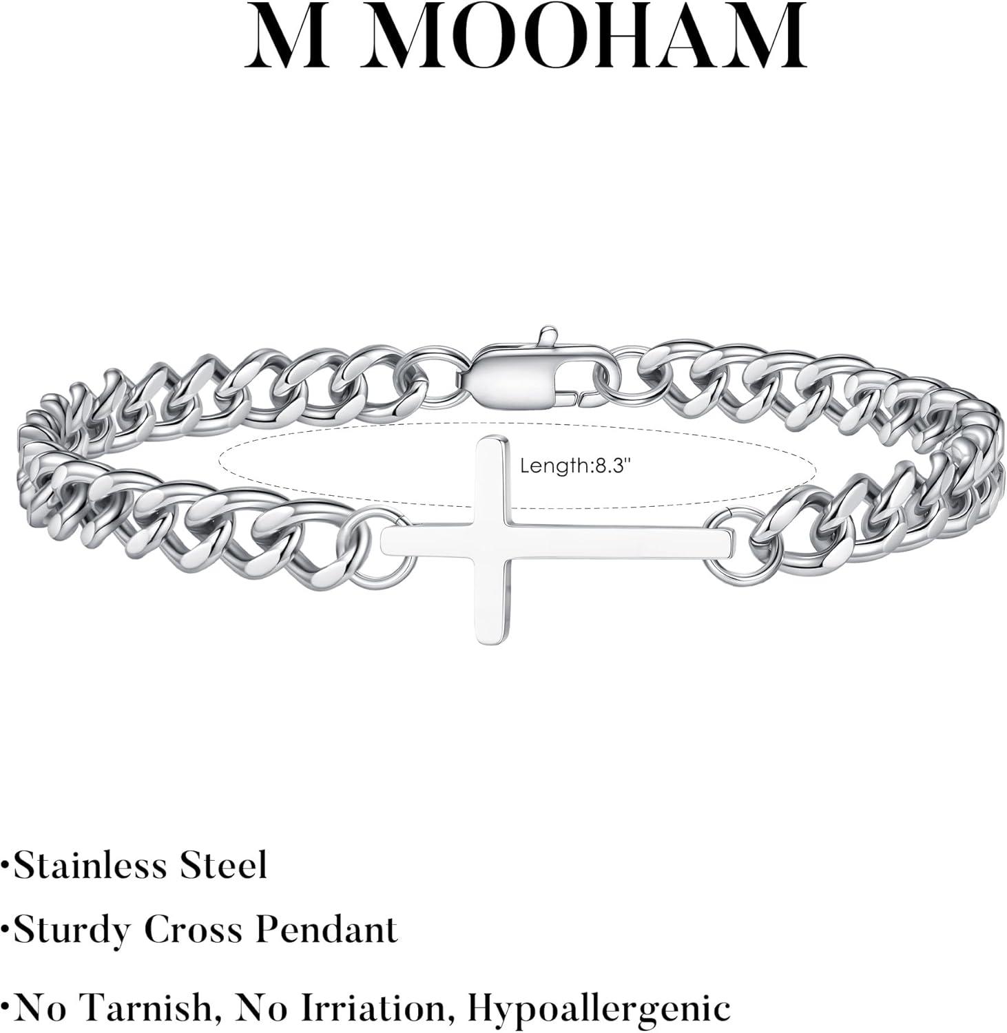 imageM MOOHAM Easter Gifts for Men Easter Basket Stuffers Silver14KGoldPlated Cross Bracelet for Men Sturdy Stainless Steel Cross Chain Bracelet Cuban Link Chain Bracelets Religious Christian GiftsSilver Plated Cuban Link Chain Cross