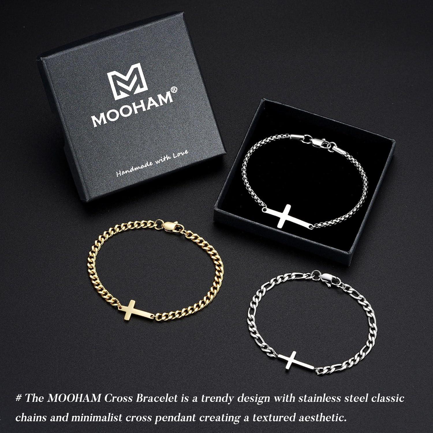 imageM MOOHAM Easter Gifts for Men Easter Basket Stuffers Silver14KGoldPlated Cross Bracelet for Men Sturdy Stainless Steel Cross Chain Bracelet Cuban Link Chain Bracelets Religious Christian GiftsSilver Plated Figaro Chain Cross