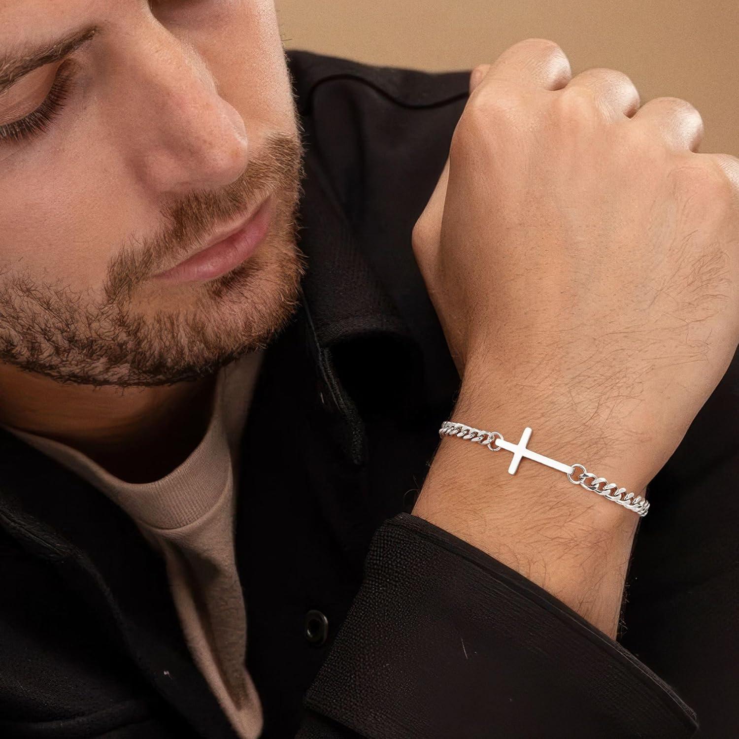 imageM MOOHAM Easter Gifts for Men Easter Basket Stuffers Silver14KGoldPlated Cross Bracelet for Men Sturdy Stainless Steel Cross Chain Bracelet Cuban Link Chain Bracelets Religious Christian GiftsSilver Plated Cuban Link Chain Cross