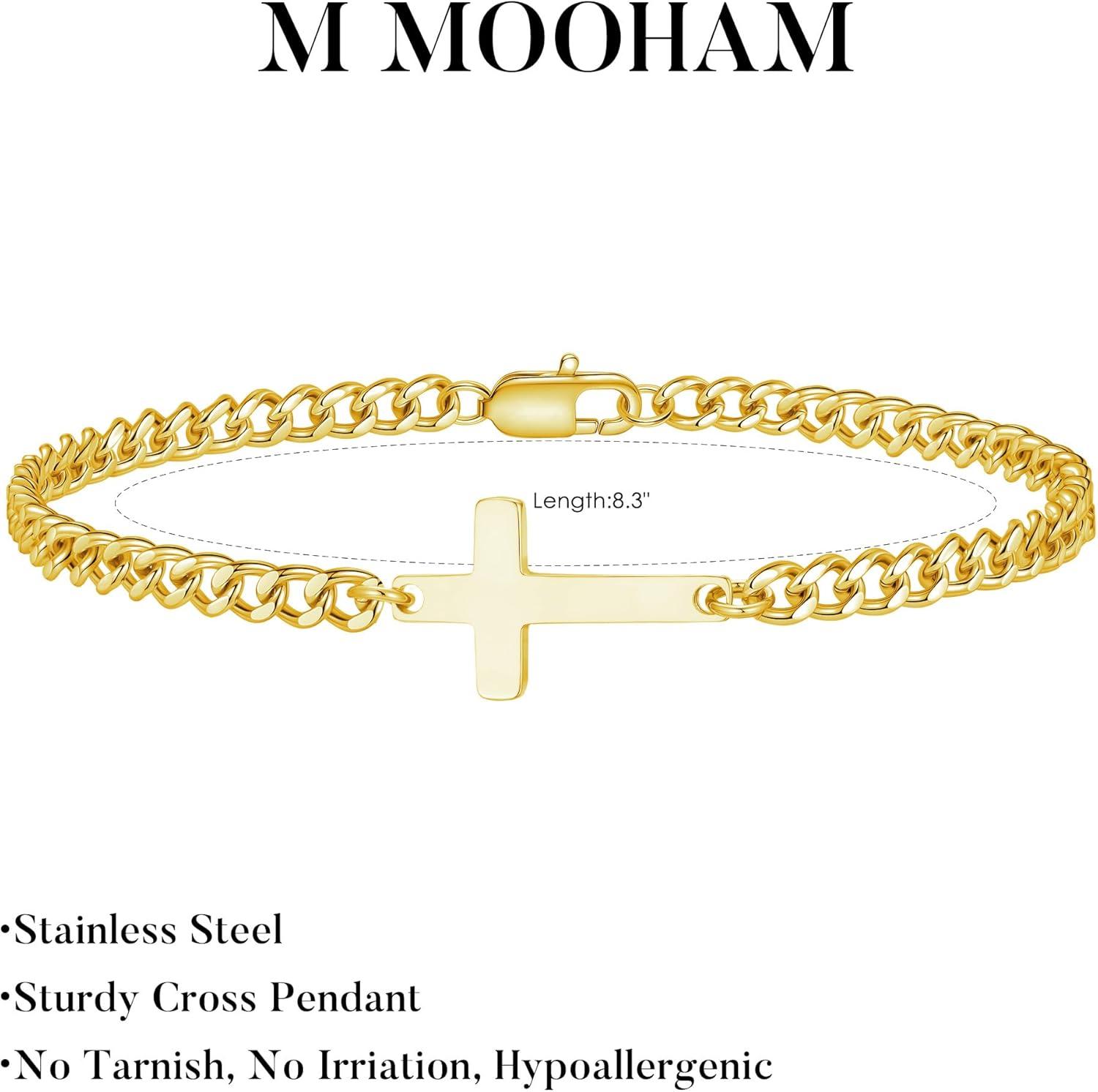 imageM MOOHAM Easter Gifts for Men Easter Basket Stuffers Silver14KGoldPlated Cross Bracelet for Men Sturdy Stainless Steel Cross Chain Bracelet Cuban Link Chain Bracelets Religious Christian Gifts14K Gold Plated Cuban Chain Cross