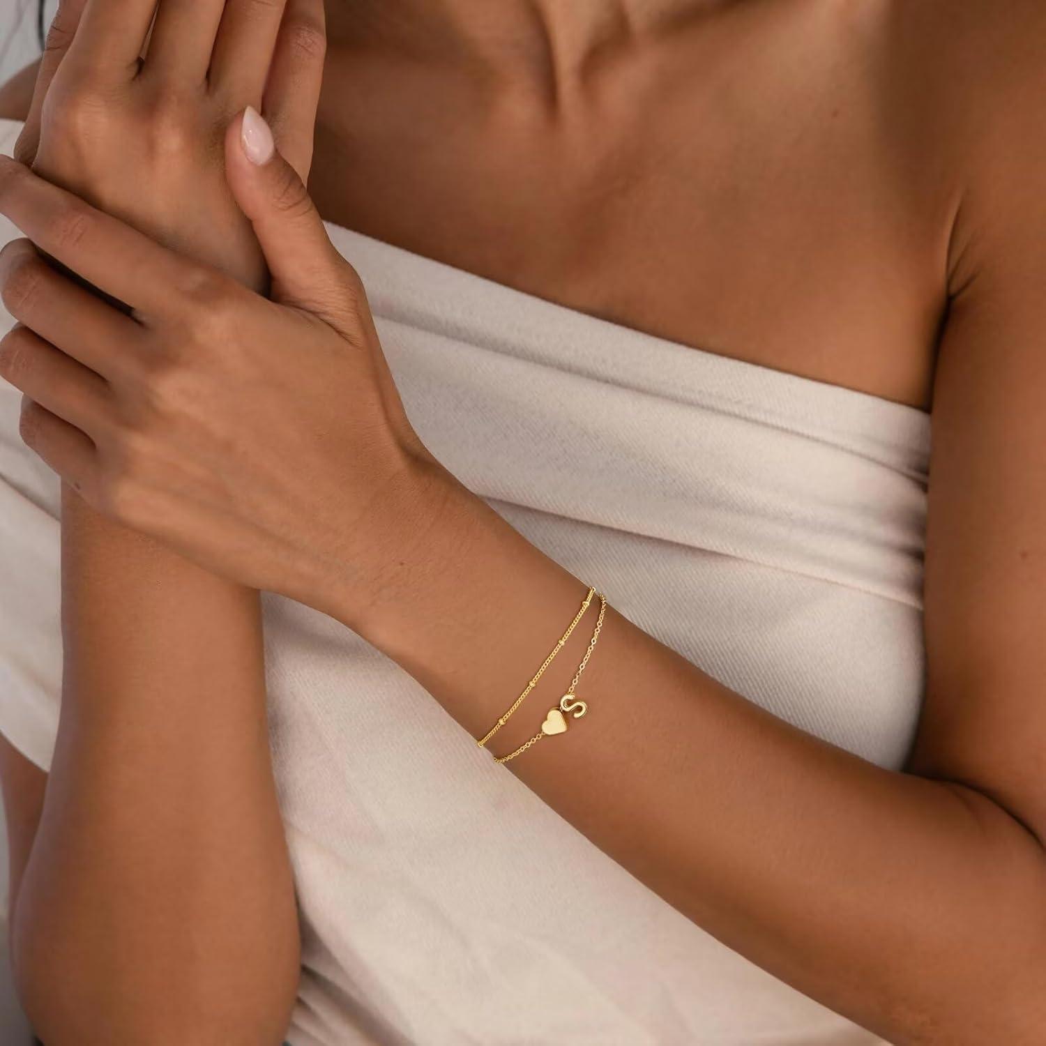 imageM MOOHAM Initial Bracelets for Women 14K Gold Plated Heart Initial Letter AZ Bracelet Layered Link Charm Bracelets Womens Jewelry Birthday GiftsA