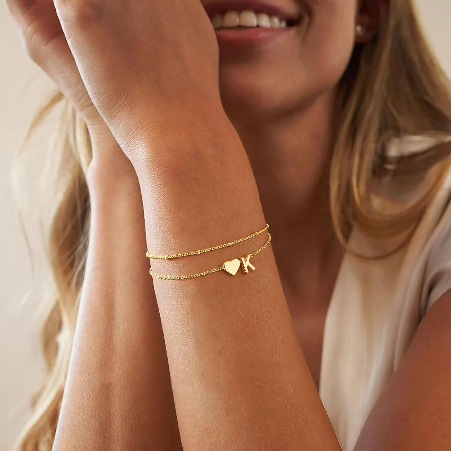 imageM MOOHAM Initial Bracelets for Women 14K Gold Plated Heart Initial Letter AZ Bracelet Layered Link Charm Bracelets Womens Jewelry Birthday GiftsA