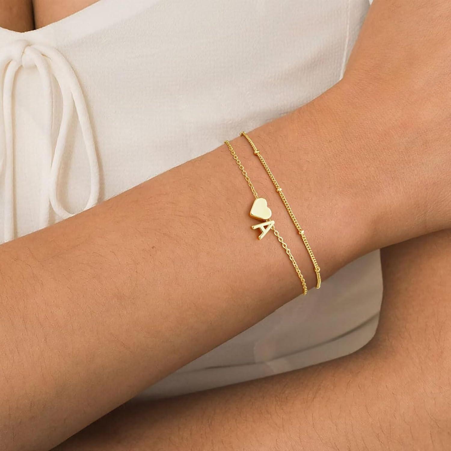 imageM MOOHAM Initial Bracelets for Women 14K Gold Plated Heart Initial Letter AZ Bracelet Layered Link Charm Bracelets Womens Jewelry Birthday GiftsA