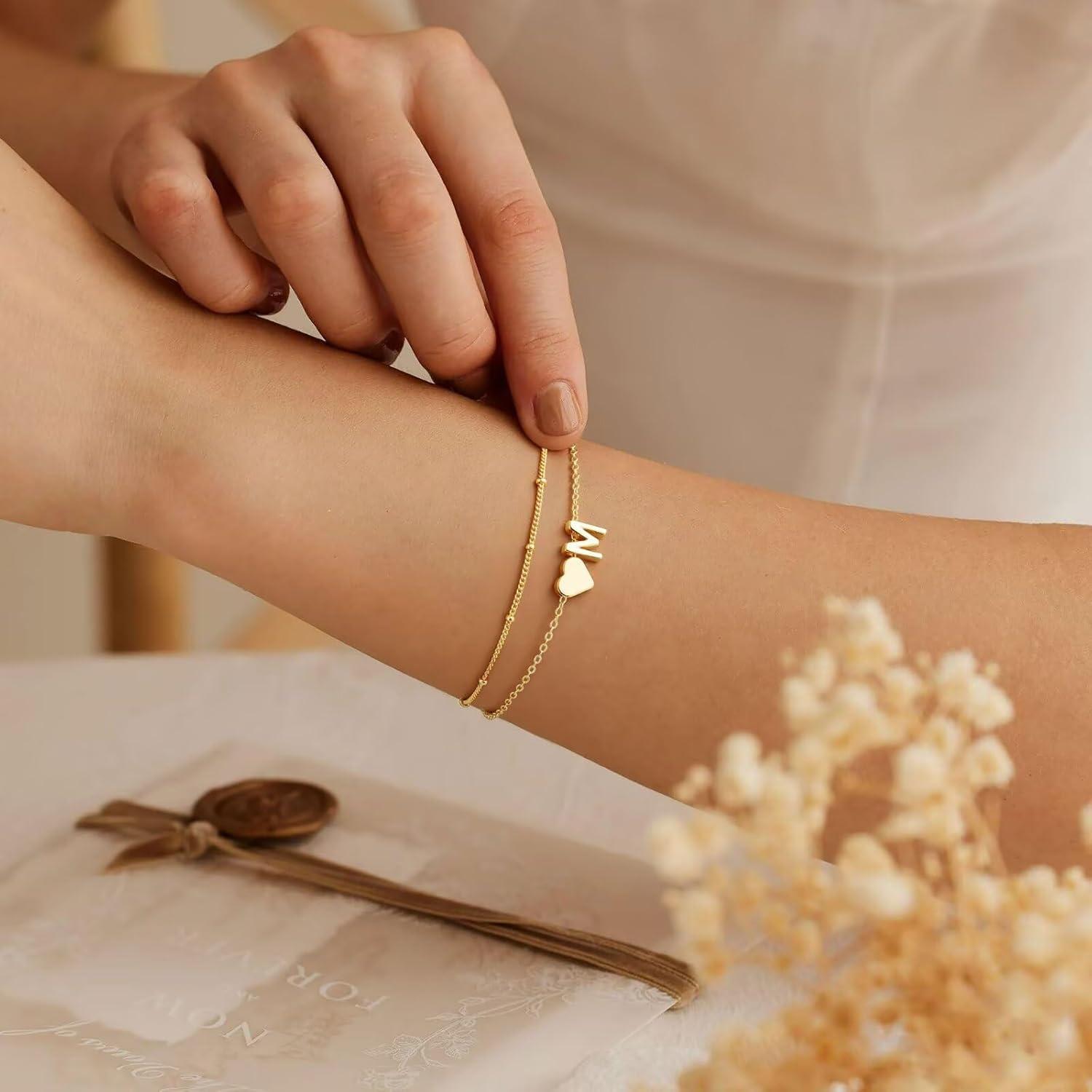 imageM MOOHAM Initial Bracelets for Women 14K Gold Plated Heart Initial Letter AZ Bracelet Layered Link Charm Bracelets Womens Jewelry Birthday GiftsB